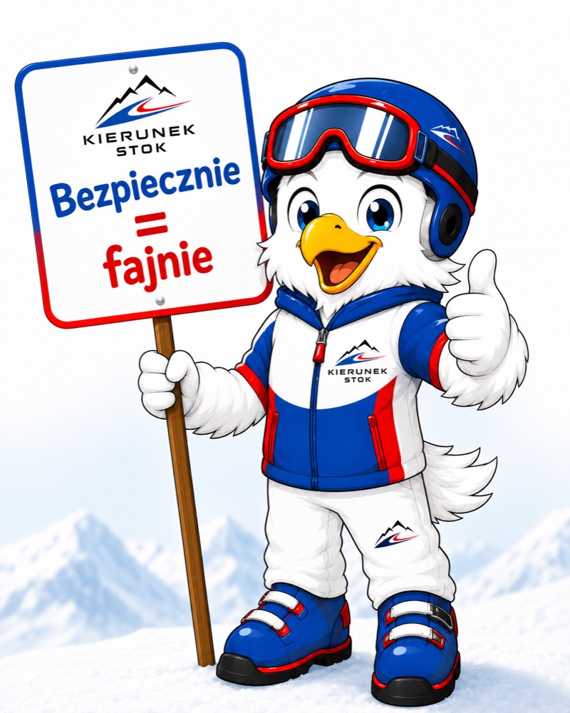Bielik przypominający dzieciom o zasadach bezpieczeństwa na stoku